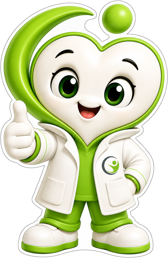 Joca, o mascote infantil do Laboratório Nova Serrana, de jaleco e fazendo joinha