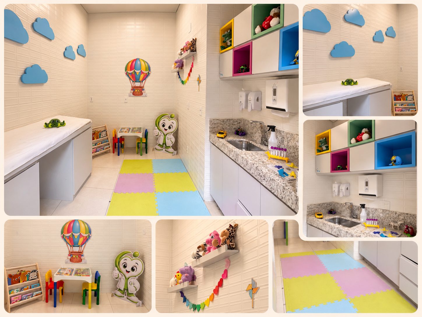 Colagem da sala de coleta infantil: maca, cantinho de leitura, brinquedos e tapete colorido