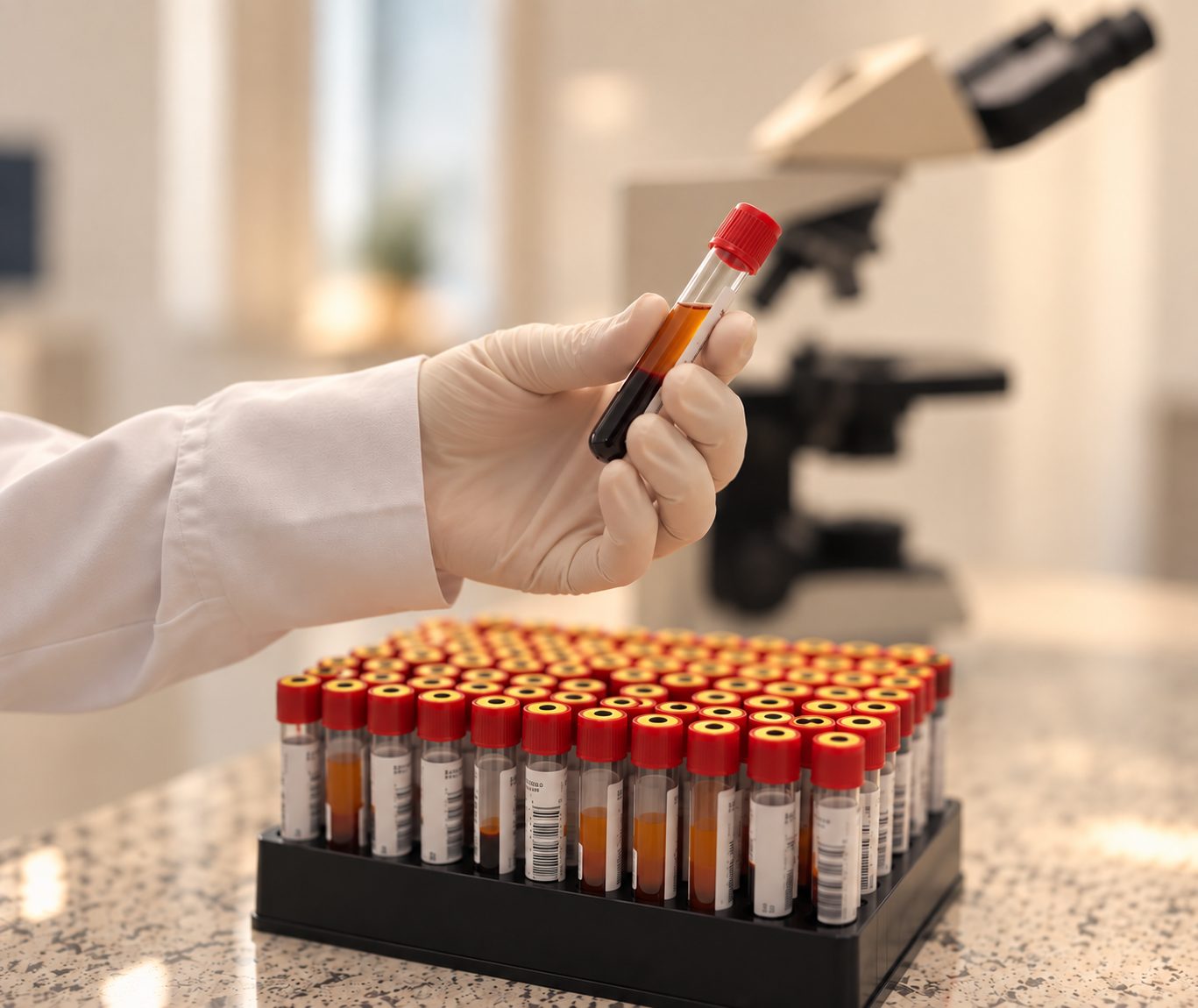 Mão enluvada segurando tubo de sangue diante de uma estante de amostras e um microscópio