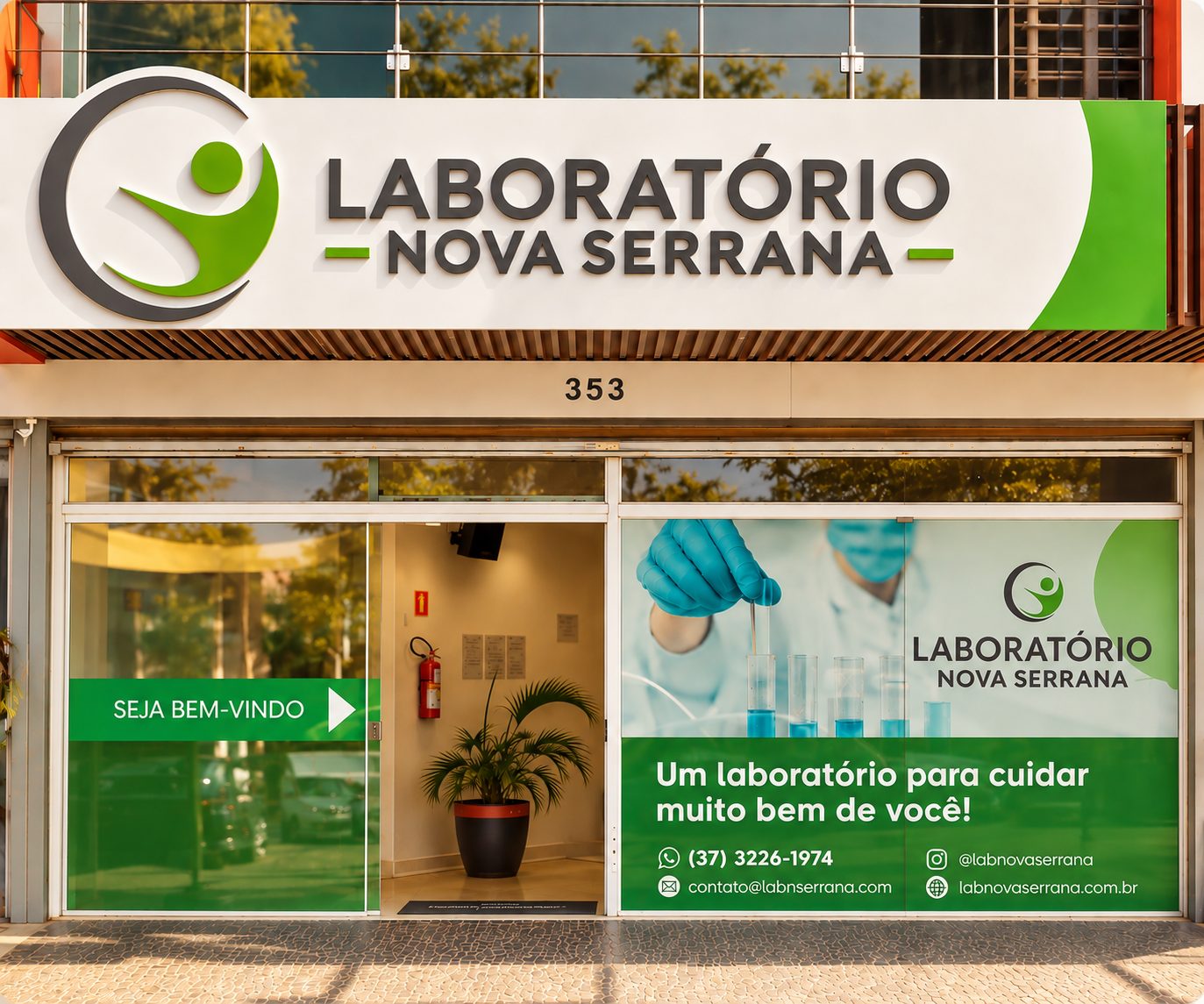 Fachada da Matriz do Laboratório Nova Serrana, no Jardim do Lago